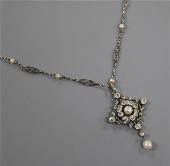 A Belle Epoque platinum, diamond and pearl pendant necklace, pendant 45mm.